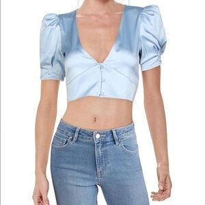 New Danielle Bernstein Powder Blue Satin Puff Sleeves Crop Top US XL